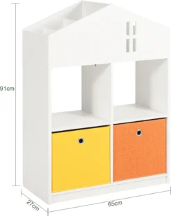 SoBuy KMB49-W Kinder Bücherregal Mit Haus-Design Kinderregal Mit 2 Stoffboxen Spielzeugregal Aufbewahrungsregal Für Kinder Spielzeug-Organizer Weiß BHT Ca.: 65x91x27cm -Barbie Store 0351fe8401ebfe214c7ba2a120ee970b