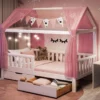 Alcube® Hausbett 90 X 200 Cm Komplett-Set Mit Schubladen Matratze Und Deko Rosa, Rausfallschutz Und Lattenrost, Kinderbett 90x200 Cm Für Mädchen Und Jungen Kinderbetten Aus Massivem Kiefernholz