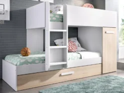 Etagenbett Ausziehbett Mit Stauraum + Matratzen - 3x 90 X 190 Cm - Weiß & Naturfarben - ANTHONY -Barbie Store 05e13e6ffcc927b54e54c02dc5b4bb94