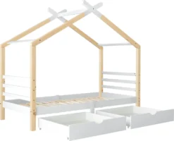 Merax Kinderbett 90x200cm Hausbett Mit Lattenrost Und 2 Schubladen, Spielbett Massivholzbett Für Kinder-und Jugendzimmer, Weiß/Natur -Barbie Store 0daf1ac024a3040ee8baddd4cbd7a8bb