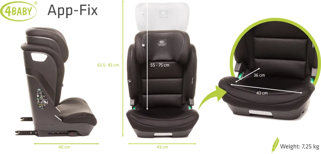 Kindersitz APP-FIX 100-150CM I-SIZE 15-36kg Norm ECE R129, 3 - 12 Jahre, Isofix Seitenprotektoren, Zusätzlicher Kopfschutz, Neigungsverstellung Farbe: Schwarz 9 Kindersitz APP-FIX 100-150CM I-SIZE 15-36kg Norm ECE R129, 3 - 12 Jahre, Isofix Seitenprotektoren, Zusätzlicher Kopfschutz, Neigungsverstellung Farbe: Schwarz – Bild 7