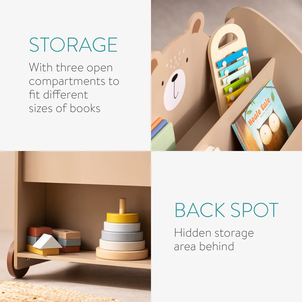 Navaris Bücherregal Für Kinder - Kinderzimmer Regal Für Bücher Und Spielzeug Aus Holz - 60 X 58 X 40 Cm - Buchregal Mit Rollen - Organizer Braun Bär 5 Navaris Bücherregal Für Kinder - Kinderzimmer Regal Für Bücher Und Spielzeug Aus Holz - 60 X 58 X 40 Cm - Buchregal Mit Rollen - Organizer Braun Bär – Bild 3