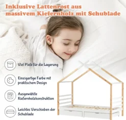 Merax Kinderbett 90x200cm Hausbett Mit Lattenrost Und 2 Schubladen, Spielbett Massivholzbett Für Kinder-und Jugendzimmer, Weiß/Natur -Barbie Store 179d1b97810581d2fbb5ac951f683ae0