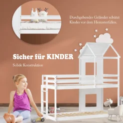 Merax Etagenbett 90x200 Cm Hochbett Mit Treppe Und Lattenrost, Dach Und Rausfallschutz, Kieferholzbett Kinderbett Für 2 Kinder, Weiß -Barbie Store 17fc4088617e8c522de91cfa01559232