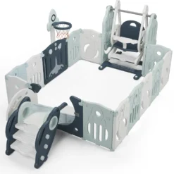 Merax Laufgitter Faltbar Laufstall Baby Absperrgitter 14+2 Paneele Schutzgitter Mit Schaukel, Rutsche Und Basketballkorb, Astronauten-Serie Krabbelgitter 4-in-1 Laufgitter Für Kinder, Blau -Barbie Store 1b8c66f81ea250797c17e3a0a379e7a6