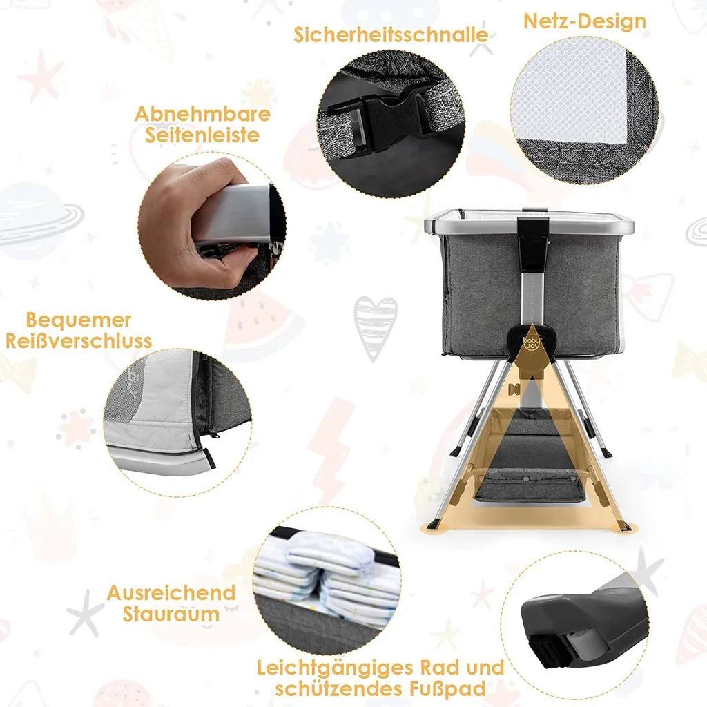 COSTWAY 3 In 1 Beistellbett & Babywiege & Reisebett Klappbar, Babybett Mit 7-Fach Verstellbarer Höhe, Tragbares Babywiege Mit Sicherheitsgurt, Netzfenster, Matratze, Bodenkorb & Rädern (Dunkelgrau) 8 COSTWAY 3 In 1 Beistellbett & Babywiege & Reisebett Klappbar, Babybett Mit 7-Fach Verstellbarer Höhe, Tragbares Babywiege Mit Sicherheitsgurt, Netzfenster, Matratze, Bodenkorb & Rädern (Dunkelgrau) – Bild 6