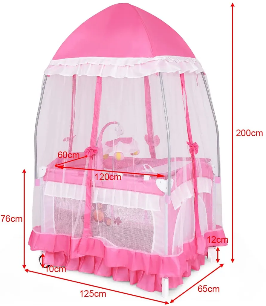 COSTWAY 4 In 1 Reisebett & Wickeltisch & Kinderbett & Laufstall Klappbar, 125x65x76cm, 2 Ebenen Babybett Mit Spielbogen, Musikbox, Wickelauflage, Baldachin Und Transporttasche (Rosa) 7 COSTWAY 4 In 1 Reisebett & Wickeltisch & Kinderbett & Laufstall Klappbar, 125x65x76cm, 2 Ebenen Babybett Mit Spielbogen, Musikbox, Wickelauflage, Baldachin Und Transporttasche (Rosa) – Bild 5