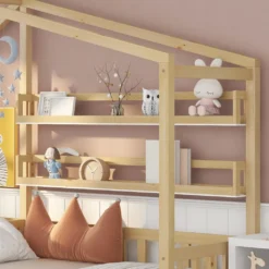 Merax Kinderbett 90x200cm/140x70cm Hausbett Mit Schubladen Und Regalen, Zaun Und Lattenrost, Spielbett Kinderhaus Aus Kiefernholz Für Zwei Kinder, Natur -Barbie Store 1ed7ca11060411b3251001f2d6f15235