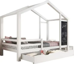 Merax Kinderbett Adele 90x200cm Hausbett Mit Tafel Und 2 Schubladen, Zaun Und Lattenrost, Spielbett Bett Kinderhaus Aus Massivholz, Weiß -Barbie Store 203b56176d140270a8bdd63a52eedeeb