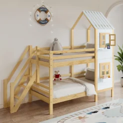 Merax Etagenbett 90x200cm Kinderbett Mit Leiter, Fallschutz Und Lattenrost, Hochbett Stockbett Kiefer Holzbett Hausbett Mit Dach Und Fenster, Weiß/Natur -Barbie Store 2321a4db1cacaffd16c41e4fd663375c