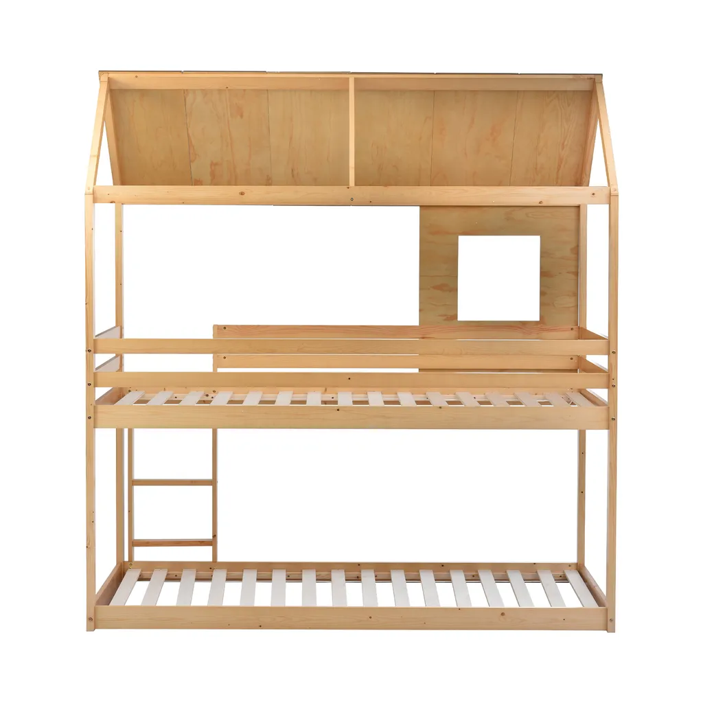 Merax Etagenbett 90x200cm Kinderbett Hochbetten Mit Dach, Leiter, Fenster Und Lattenrost, Doppelstockbett 2 Einzelbetten Für Kinderzimmer, Kiefernholz Rahmen, Eichenfarbe 13 Merax Etagenbett 90x200cm Kinderbett Hochbetten Mit Dach, Leiter, Fenster Und Lattenrost, Doppelstockbett 2 Einzelbetten Für Kinderzimmer, Kiefernholz Rahmen, Eichenfarbe – Bild 11