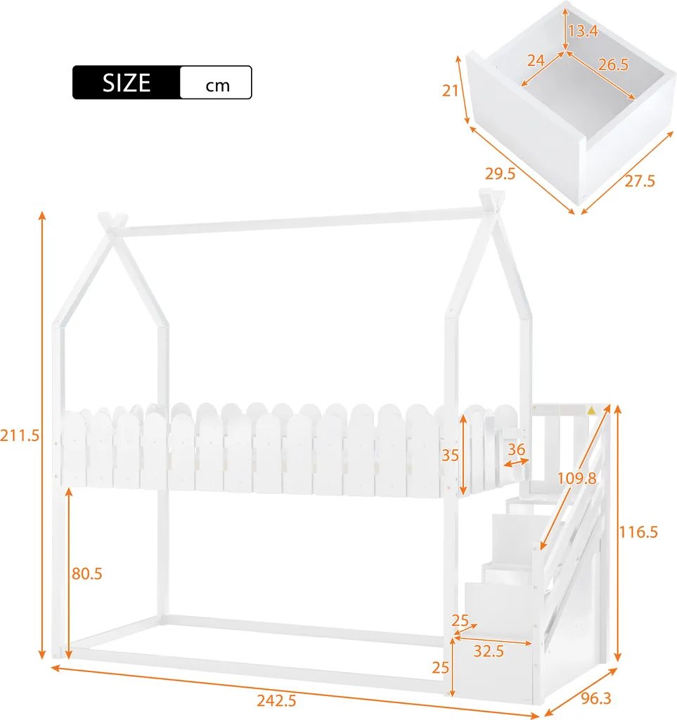 Merax Etagenbett 90x200 Cm Doppelstockbett Mit Treppeschubladen, Zaun Und Dachform, 2 Einzelbetten Doppel Stockbett Für Zwei Kinder, Kinderbett Hochbett Aus Kiefer, Weiß 10 Merax Etagenbett 90x200 Cm Doppelstockbett Mit Treppeschubladen, Zaun Und Dachform, 2 Einzelbetten Doppel Stockbett Für Zwei Kinder, Kinderbett Hochbett Aus Kiefer, Weiß – Bild 8