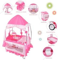 COSTWAY 4 In 1 Reisebett & Wickeltisch & Kinderbett & Laufstall Klappbar, 125x65x76cm, 2 Ebenen Babybett Mit Spielbogen, Musikbox, Wickelauflage, Baldachin Und Transporttasche (Rosa) 11 COSTWAY 4 In 1 Reisebett & Wickeltisch & Kinderbett & Laufstall Klappbar, 125x65x76cm, 2 Ebenen Babybett Mit Spielbogen, Musikbox, Wickelauflage, Baldachin Und Transporttasche (Rosa) -Barbie Store 251734cf4e348e19b8cc2eb10a18524d