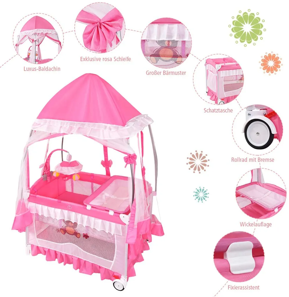 COSTWAY 4 In 1 Reisebett & Wickeltisch & Kinderbett & Laufstall Klappbar, 125x65x76cm, 2 Ebenen Babybett Mit Spielbogen, Musikbox, Wickelauflage, Baldachin Und Transporttasche (Rosa) 6 COSTWAY 4 In 1 Reisebett & Wickeltisch & Kinderbett & Laufstall Klappbar, 125x65x76cm, 2 Ebenen Babybett Mit Spielbogen, Musikbox, Wickelauflage, Baldachin Und Transporttasche (Rosa) – Bild 4