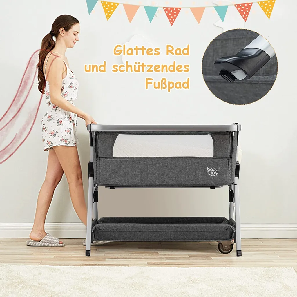 COSTWAY 3 In 1 Beistellbett & Babywiege & Reisebett Klappbar, Babybett Mit 7-Fach Verstellbarer Höhe, Tragbares Babywiege Mit Sicherheitsgurt, Netzfenster, Matratze, Bodenkorb & Rädern (Dunkelgrau) 6 COSTWAY 3 In 1 Beistellbett & Babywiege & Reisebett Klappbar, Babybett Mit 7-Fach Verstellbarer Höhe, Tragbares Babywiege Mit Sicherheitsgurt, Netzfenster, Matratze, Bodenkorb & Rädern (Dunkelgrau) – Bild 4