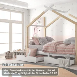 Merax Kinderbett 90x200cm Hausbett Mit Lattenrost Und 2 Schubladen, Spielbett Massivholzbett Für Kinder-und Jugendzimmer, Weiß/Natur -Barbie Store 261901c6ad19987e25b98968fdd5f8ab