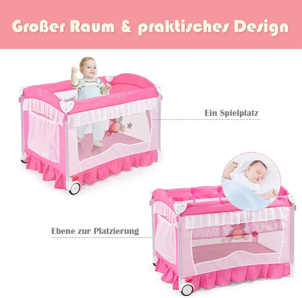 COSTWAY 4 In 1 Reisebett & Wickeltisch & Kinderbett & Laufstall Klappbar, 125x65x76cm, 2 Ebenen Babybett Mit Spielbogen, Musikbox, Wickelauflage, Baldachin Und Transporttasche (Rosa) 4 COSTWAY 4 In 1 Reisebett & Wickeltisch & Kinderbett & Laufstall Klappbar, 125x65x76cm, 2 Ebenen Babybett Mit Spielbogen, Musikbox, Wickelauflage, Baldachin Und Transporttasche (Rosa) – Bild 2