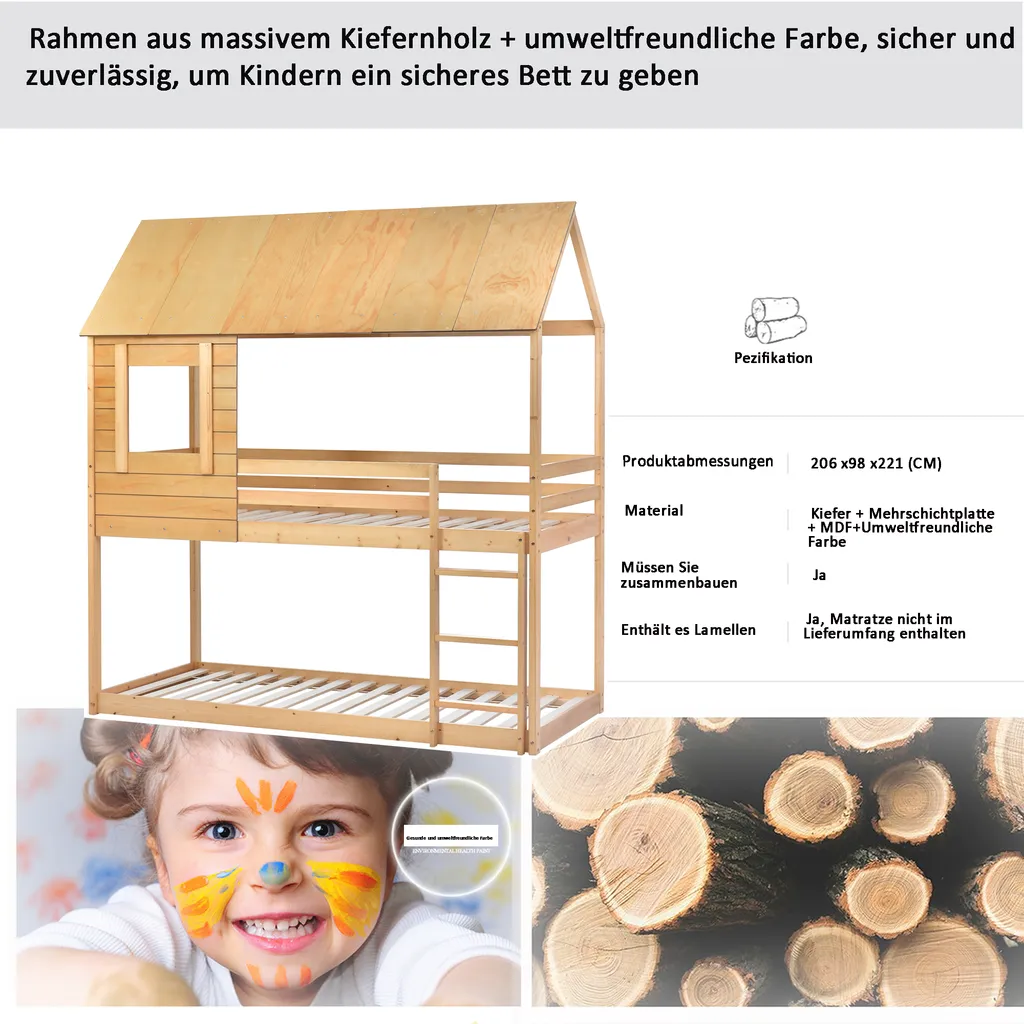 Merax Etagenbett 90x200cm Kinderbett Hochbetten Mit Dach, Leiter, Fenster Und Lattenrost, Doppelstockbett 2 Einzelbetten Für Kinderzimmer, Kiefernholz Rahmen, Eichenfarbe 6 Merax Etagenbett 90x200cm Kinderbett Hochbetten Mit Dach, Leiter, Fenster Und Lattenrost, Doppelstockbett 2 Einzelbetten Für Kinderzimmer, Kiefernholz Rahmen, Eichenfarbe – Bild 4