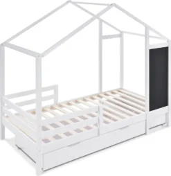 Merax Kinderbett Adele 90x200cm Hausbett Mit Tafel Und 2 Schubladen, Zaun Und Lattenrost, Spielbett Bett Kinderhaus Aus Massivholz, Weiß -Barbie Store 29d9933eb51a74248fecc23f969ba618