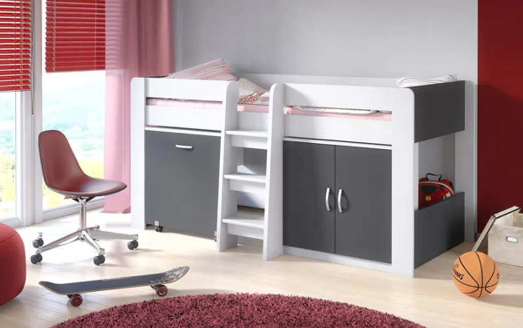 Hochbett Kombination Funky IV Mit Schreibtisch Und Kommode 90x200cm Weiß - Dunkelgrau 3 Hochbett Kombination Funky IV Mit Schreibtisch Und Kommode 90x200cm Weiß - Dunkelgrau