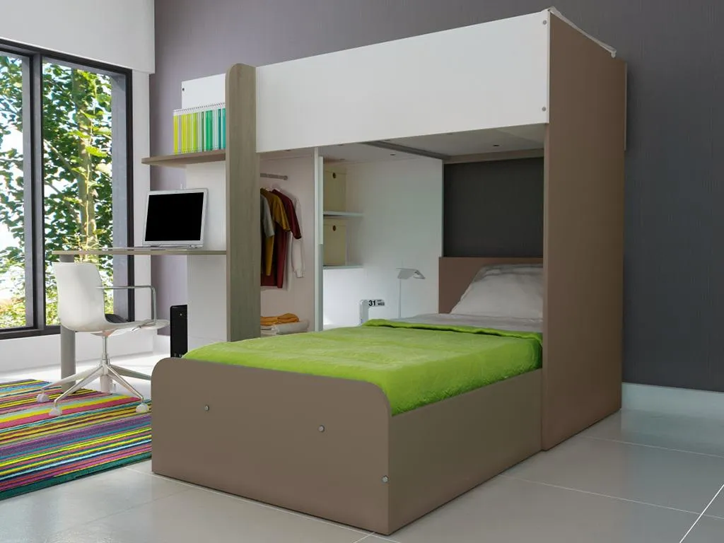 Hochbett 2x 90 X 190 Cm Mit Schreibtisch + Bettboden - Weiß, Naturfarben & Braun - SAMUEL 7 Hochbett 2x 90 X 190 Cm Mit Schreibtisch + Bettboden - Weiß, Naturfarben & Braun - SAMUEL – Bild 5