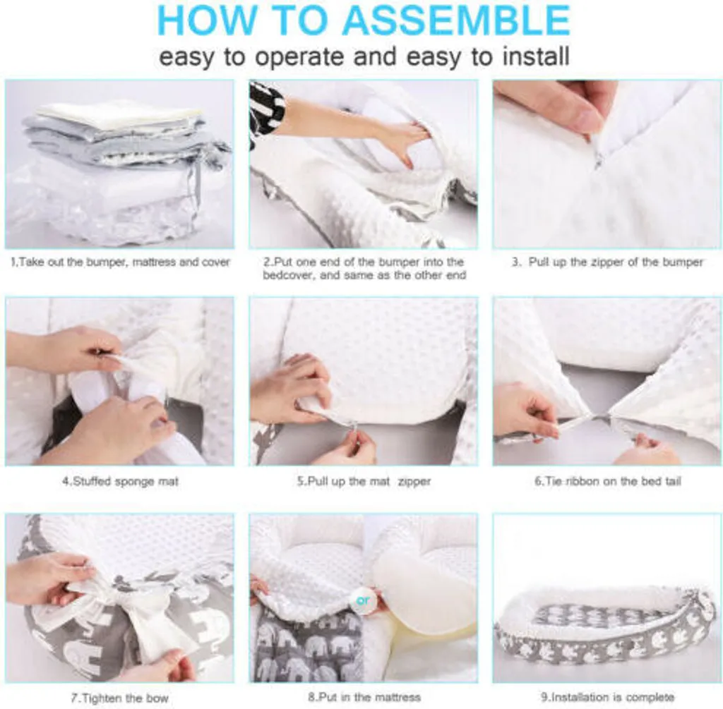 Topchances Kuschelnest Babynest Multifunktionales Nest Für Babys Säuglinge Reisebett, 100% Baumwolle Bionic Bett, Für 0-24 Monate Baby Und Säuglinge (Grau/Elefant) 11 Topchances Kuschelnest Babynest Multifunktionales Nest Für Babys Säuglinge Reisebett, 100% Baumwolle Bionic Bett, Für 0-24 Monate Baby Und Säuglinge (Grau/Elefant) – Bild 9