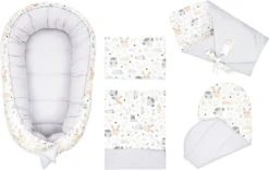 Babynestchen Set Neugeborene - Kuschelnest Baby Nestchen Bett Set 5- Teilig Kokon Babyhörnchen Baumwolle Hellgrau Mit Eulen Und Hasen Motiv -Barbie Store 307a058b4f117ddcdde9e012cc826562