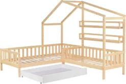 Merax Kinderbett 90x200cm/140x70cm Hausbett Mit Schubladen Und Regalen, Zaun Und Lattenrost, Spielbett Kinderhaus Aus Kiefernholz Für Zwei Kinder, Natur -Barbie Store 311283d2c1b5ca0d21766c9a6fa47e4a