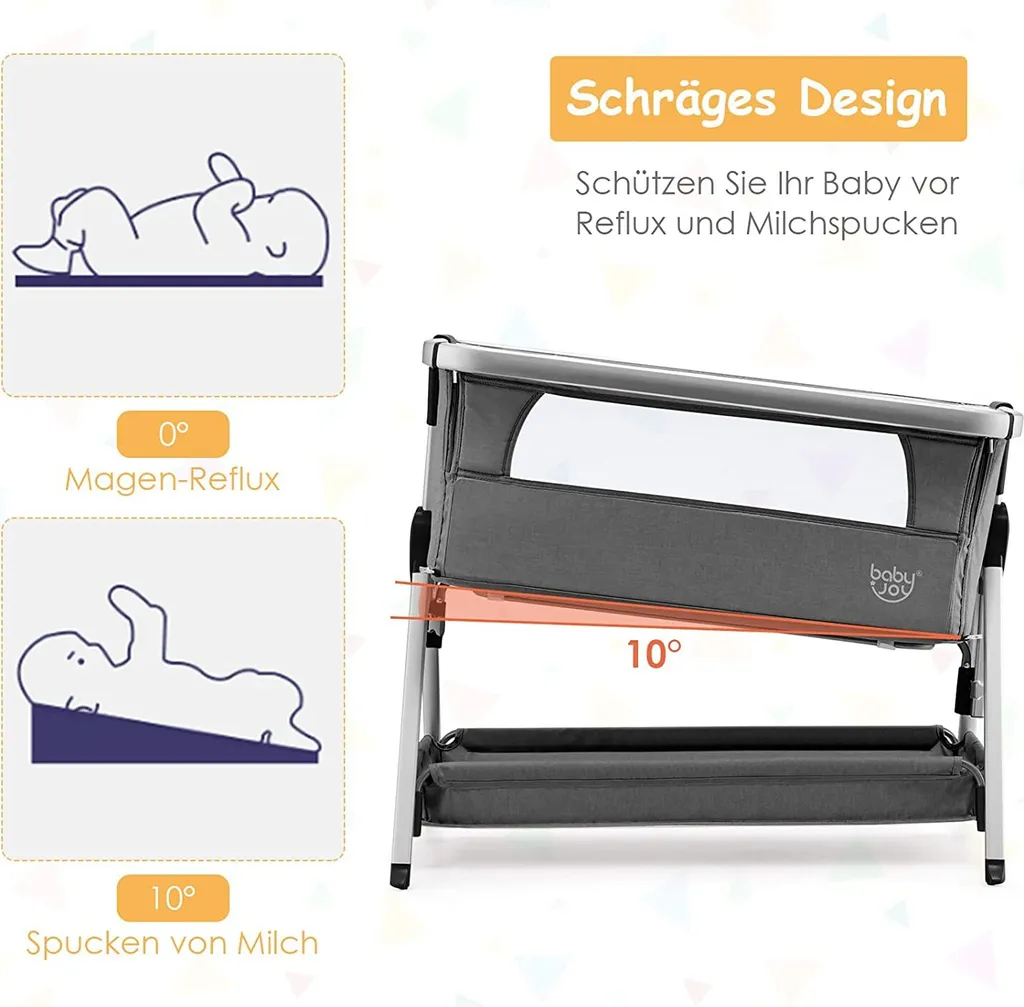 COSTWAY 3 In 1 Beistellbett & Babywiege & Reisebett Klappbar, Babybett Mit 7-Fach Verstellbarer Höhe, Tragbares Babywiege Mit Sicherheitsgurt, Netzfenster, Matratze, Bodenkorb & Rädern (Dunkelgrau) 7 COSTWAY 3 In 1 Beistellbett & Babywiege & Reisebett Klappbar, Babybett Mit 7-Fach Verstellbarer Höhe, Tragbares Babywiege Mit Sicherheitsgurt, Netzfenster, Matratze, Bodenkorb & Rädern (Dunkelgrau) – Bild 5