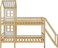 Merax Etagenbett 90x200cm Kinderbett Mit Leiter, Fallschutz Und Lattenrost, Hochbett Stockbett Kiefer Holzbett Hausbett Mit Dach Und Fenster, Weiß/Natur -Barbie Store 32626cc13fd289e9089ca65d826b479f