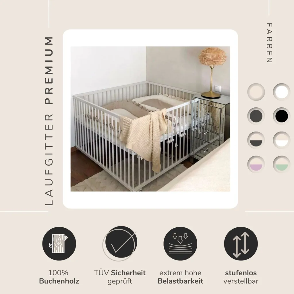 Sämann Laufgitter 100x100 Cm Mit Einlage - Stufenlos Höhenverstellbar Laufstall Baby Buche Weiß - Dots Grey 4 Sämann Laufgitter 100x100 Cm Mit Einlage - Stufenlos Höhenverstellbar Laufstall Baby Buche Weiß - Dots Grey – Bild 2