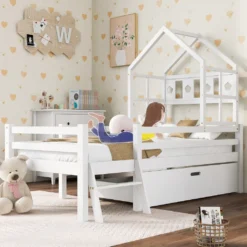 Merax Kinderbett Miki Hochbett Mit Leiter Und Schubladen, Inkl. Lattenrost Und Rausfallschutz, Hausbett 160x80cm Kinderhaus Jugendbett Spielbett Aus Massivholz, Weiß -Barbie Store 3828ef33f069c9daa627b380975b4916