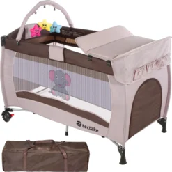 Tectake Kinderreisebett Elefant 132x75x104cm Mit Wickelauflage Und Transporttasche - Braun