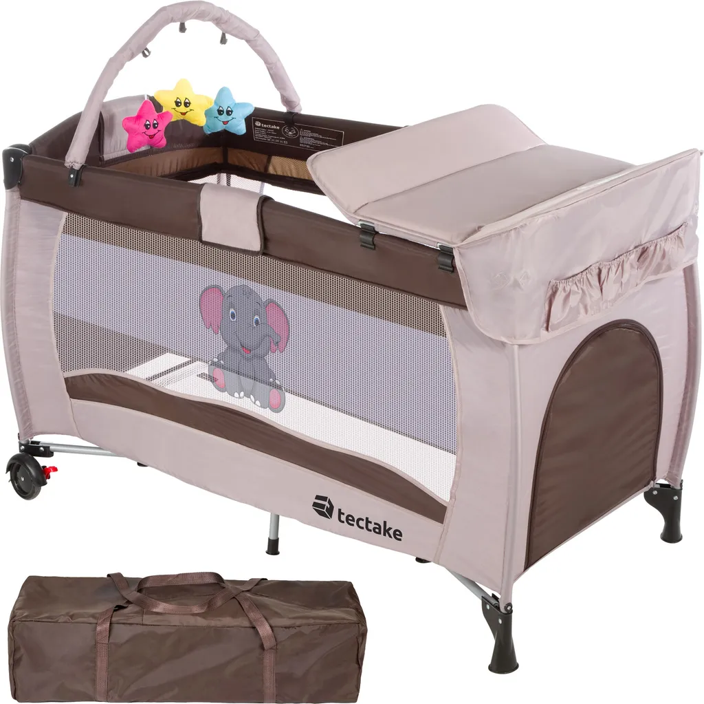 Tectake Kinderreisebett Elefant 132x75x104cm Mit Wickelauflage Und Transporttasche - Braun 3 Tectake Kinderreisebett Elefant 132x75x104cm Mit Wickelauflage Und Transporttasche - Braun