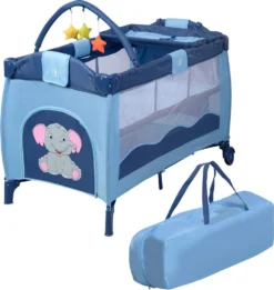 COSTWAY Reisebett Klappbar Babyreisebett Kinderreisebett Mit Rollen Babybett Kinderbett Inkl. Spielbogen Tragetasche Wickelauflage Blau