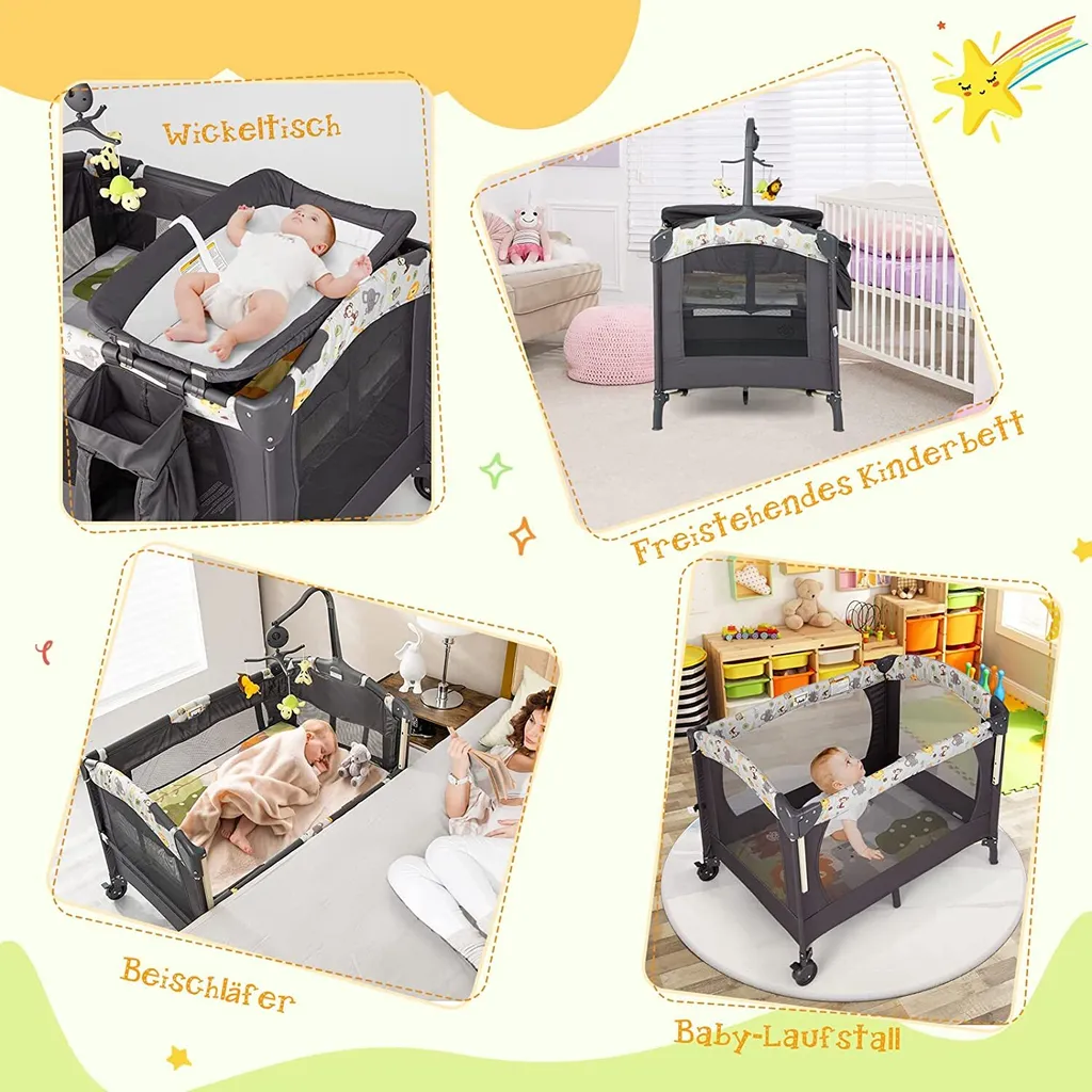COSTWAY 4 In 1 Klappbares Reisebett & Beistellbett & Wickeltisch & Laufstall Rollbar, 2 Ebenen Babybett Inkl. Spielbogen, Matratze, Wickelauflage, Windelaufbewahrung Und Spieluhr (Hellgrau) 7 COSTWAY 4 In 1 Klappbares Reisebett & Beistellbett & Wickeltisch & Laufstall Rollbar, 2 Ebenen Babybett Inkl. Spielbogen, Matratze, Wickelauflage, Windelaufbewahrung Und Spieluhr (Hellgrau) – Bild 5