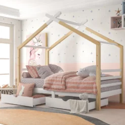 Merax Kinderbett 90x200cm Hausbett Mit Lattenrost Und 2 Schubladen, Spielbett Massivholzbett Für Kinder-und Jugendzimmer, Weiß/Natur