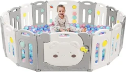 COSTWAY Laufgitter Mit Aufbewahrungstasche, Tür Und Spielzeugboard, Baby Laufstall Faltbar, Absperrgitter Aus Kunststoff, Krabbelgitter, Spielzaun Für Kinder, Schutzgitter (16 Elemente)