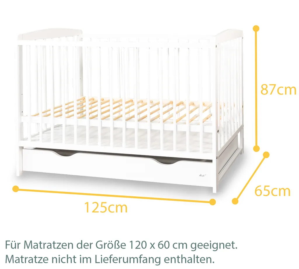 Alcube® Mitwachsendes Babybett 60 X 120 Cm Mit Schublade Gitterbett 120x60 Kiefernholz Zum Kinderbett Umbaubar In Weiß 15 Alcube® Mitwachsendes Babybett 60 X 120 Cm Mit Schublade Gitterbett 120x60 Kiefernholz Zum Kinderbett Umbaubar In Weiß – Bild 13