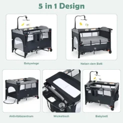 COSTWAY 5-in-1-Babybett Mit Wickeltisch, 2 Ebene Babyreisebett Mit 3 Spielzeug & Musikbox & Aufbewahrungstasche, 4-stufig Verstellbares Beistellbett Für Baby Mit Rollen & Tragetasche (Schwarz) -Barbie Store 3f0f7e46aefbd6cf277a3295cf73a6a7