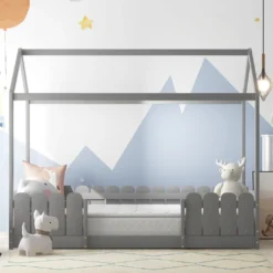Merax Kinderbett 90x200cm Hausbett Spielbett Kinderhaus Mit Rausfallschutz Und Lattenrost, Schönes Babybett Aus Kiefernholz, Grau -Barbie Store 413a4488cca4670369151f1dbd39e31b
