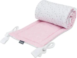 Bellochi Kantenschutz Baby Babybett Umrandungen Nestchen Kopfschutz Gitterbett Umrandung 180x30 Cm - 100% Baumwolle - Für Kinderbett Mit Rausfallschutz Baby Beistellbett 120x60 Cm - Rosa Und Weiß - Aurora
