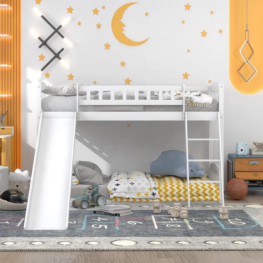 Merax Etagenbetten 90x200cm/90x200cm Hochbett Für 2 Kinder, Doppel Stockbett Teilbar Zu 2 Einzelbetten, Kinderbett Mit Rutsche Und Lattenrost, Weiß 5 Merax Etagenbetten 90x200cm/90x200cm Hochbett Für 2 Kinder, Doppel Stockbett Teilbar Zu 2 Einzelbetten, Kinderbett Mit Rutsche Und Lattenrost, Weiß – Bild 3