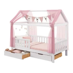 Alcube® Hausbett 90 X 200 Cm Komplett-Set Mit Schubladen Matratze Und Deko Rosa, Rausfallschutz Und Lattenrost, Kinderbett 90x200 Cm Für Mädchen Und Jungen Kinderbetten Aus Massivem Kiefernholz -Barbie Store 428f844f50c6cfcde1fd198d49a148ec