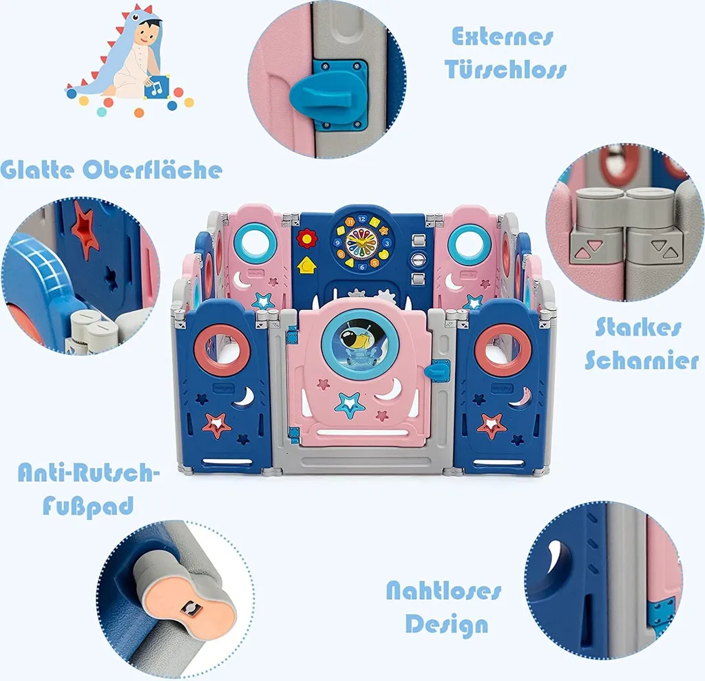 COSTWAY Laufgitter Mit Tür Und Spielzeugboard, Baby Laufstall Faltbar, Absperrgitter Aus Kunststoff, Krabbelgitter, Spielzaun Für Kinder, Schutzgitter (14 Paneelen, Deluxe) 6 COSTWAY Laufgitter Mit Tür Und Spielzeugboard, Baby Laufstall Faltbar, Absperrgitter Aus Kunststoff, Krabbelgitter, Spielzaun Für Kinder, Schutzgitter (14 Paneelen, Deluxe) – Bild 4
