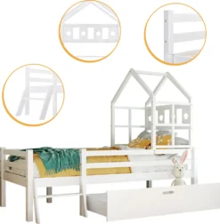 Merax Kinderbett Miki Hochbett Mit Leiter Und Schubladen, Inkl. Lattenrost Und Rausfallschutz, Hausbett 160x80cm Kinderhaus Jugendbett Spielbett Aus Massivholz, Weiß -Barbie Store 4b7b0cb46f5472ee18c161801ea5f6af