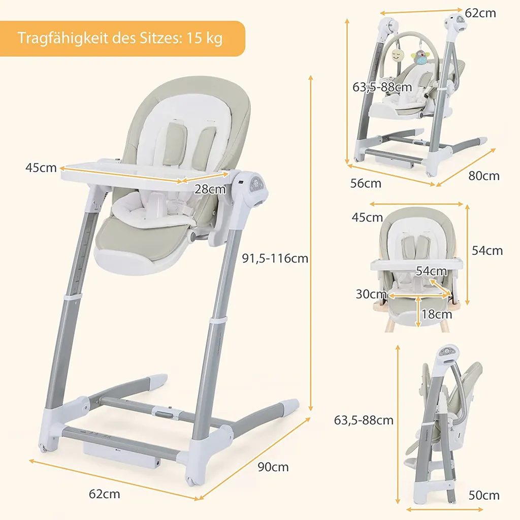 COSTWAY 3 In 1 Babyschaukel & Hochstuhl & Sitzerhöhung, Babywippe Elektrisch Mit 8 Schaukelposition, Timing, Musik & Auto-Schaltfunktion, Babystuhl Klappbar Mit Rädern, 8 Höhenstufen (Grau) 8 COSTWAY 3 In 1 Babyschaukel & Hochstuhl & Sitzerhöhung, Babywippe Elektrisch Mit 8 Schaukelposition, Timing, Musik & Auto-Schaltfunktion, Babystuhl Klappbar Mit Rädern, 8 Höhenstufen (Grau) – Bild 6