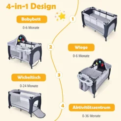 COSTWAY 4 In 1 Klappbares Reisebett & Babywiege & Wickeltisch & Laufstall Mit Schaukelfunktion, Inkl. Spieluhr, Spielbogen, Wickelauflage, Matratze, Windel Organizer Und Tragetasche (Grau) -Barbie Store 4e0c96042c39dfa651a5e6b940b02b95