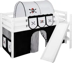 Spielbett JELLE 90 X 200 Cm Pirat Schwarz Weiß - Hochbett LILOKIDS - Weiß - Mit Schräger Rutsche Und Vorhang