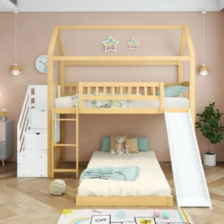 Merax Etagenbett 90x200cm Kinderbett Mit Rutsche, Treppe Mit Stauraum, Fallschutz Und Handlauf, Hausbett Aus Massivholz In Natur Und Weiß, 2 Einzelbetten Stockbett Für Kinderzimmer -Barbie Store 53d74b099192ceb1450dda1e8aa63920